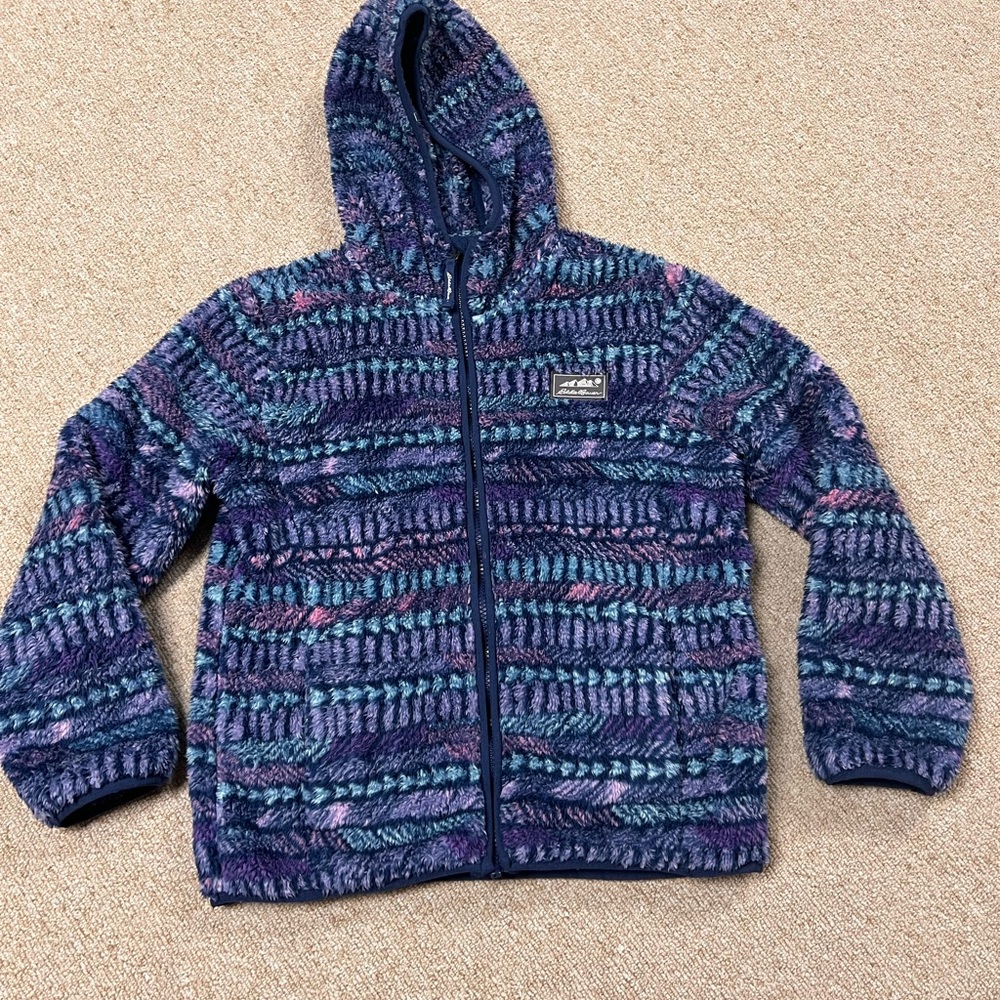 Eddie Bauer Quest Plush Fleece Jacket Kids Sz Medium 10/12 Purple Blue Hooded